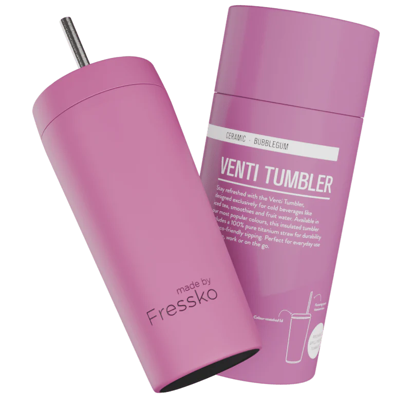 Bubblegum Venti 20oz Ceramic Interior Reusable Cup with Titanium Straw - Fressko