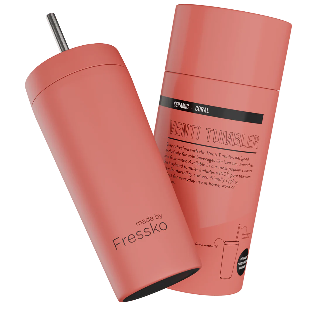 Coral Venti 20oz Ceramic Interior Reusable Cup with Titanium Straw - Fressko