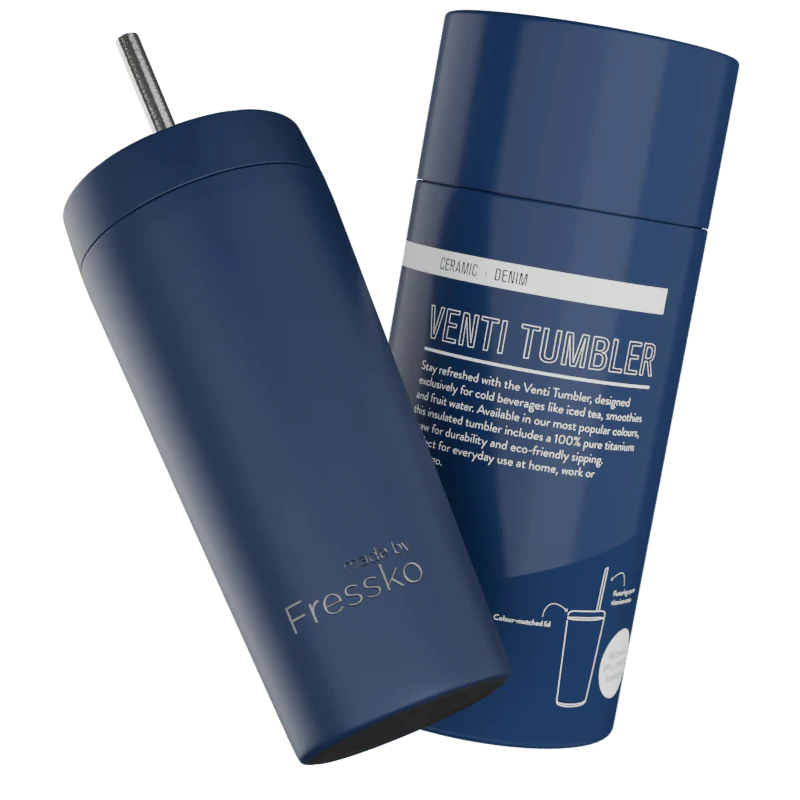 Denim Venti 20oz Ceramic Interior Reusable Cup with Titanium Straw - Fressko