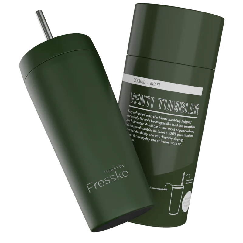 Khaki Venti 20oz Ceramic Interior Reusable Cup with Titanium Straw - Fressko