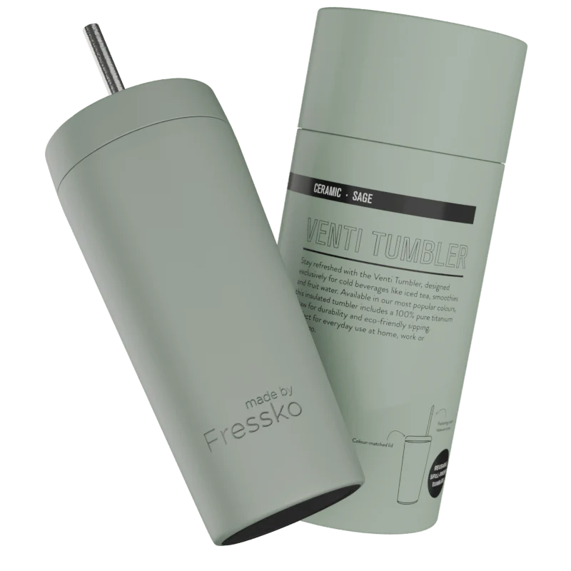 Sage Venti 20oz Ceramic Interior Reusable Cup with Titanium Straw - Fressko