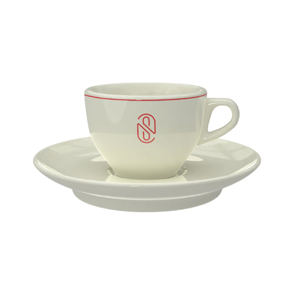 White cup and saucer set with a red logo on a white background