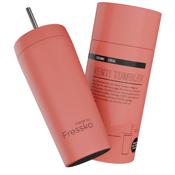 Coral Venti 20oz Ceramic Interior Reusable Cup with Titanium Straw - Fressko
