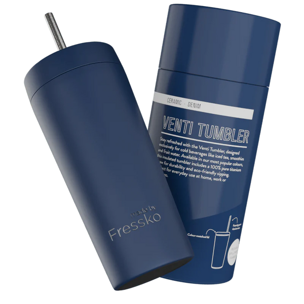 Denim Venti 20oz Ceramic Interior Reusable Cup with Titanium Straw - Fressko
