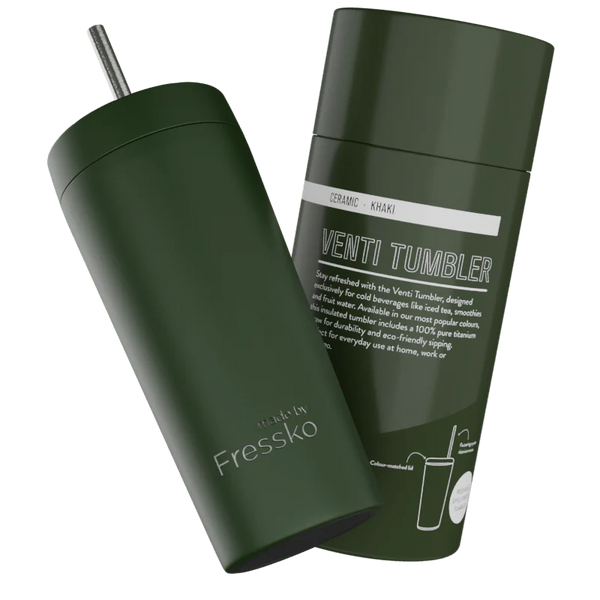 Khaki Venti 20oz Ceramic Interior Reusable Cup with Titanium Straw - Fressko