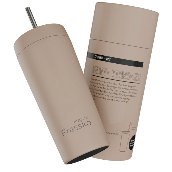 Oat Venti 20oz Ceramic Interior Reusable Cup with Titanium Straw - Fressko